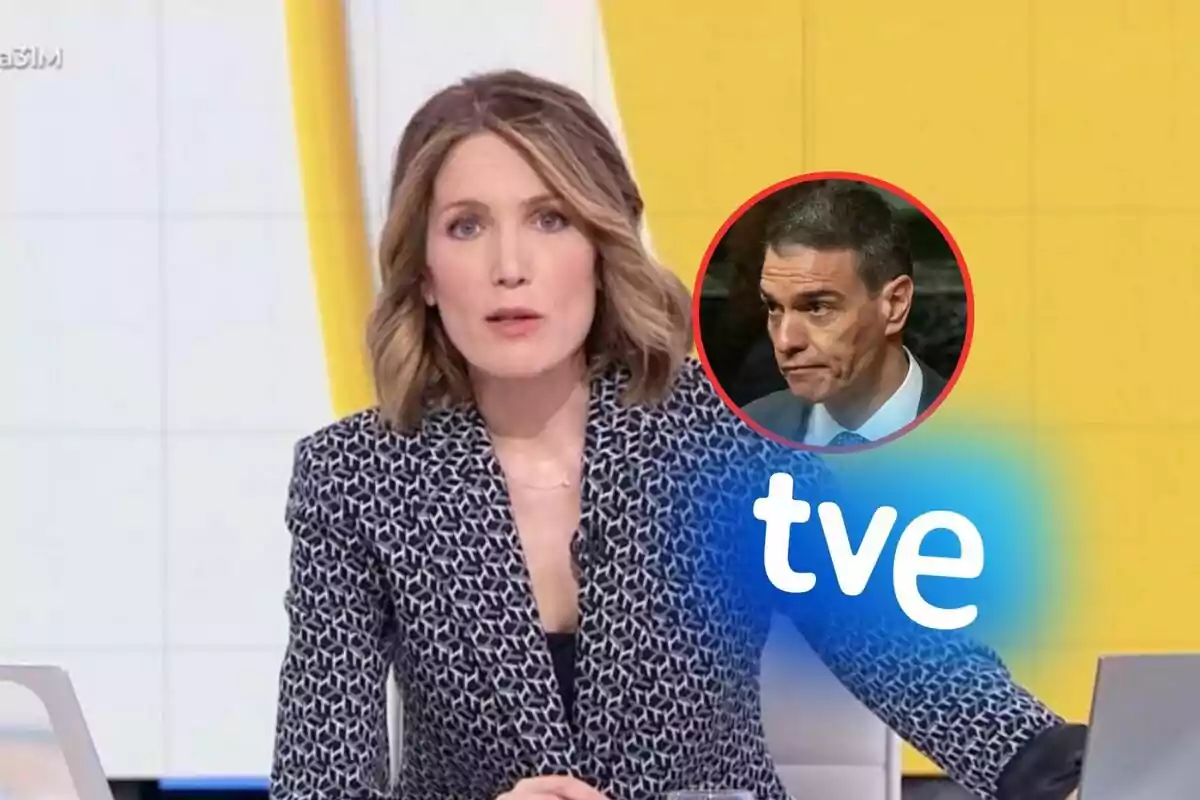 Presentadora de noticias en un estudio de televisión con un gráfico circular que muestra a un hombre y el logo de TVE.