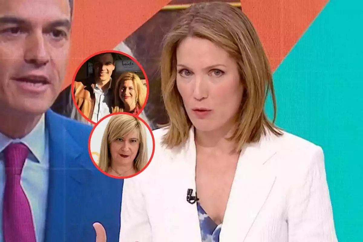 Presentadora de noticias con fondo colorido y dos recuadros circulares rojos mostrando a una mujer rubia sola y otra foto de la misma mujer acompañada de un hombre