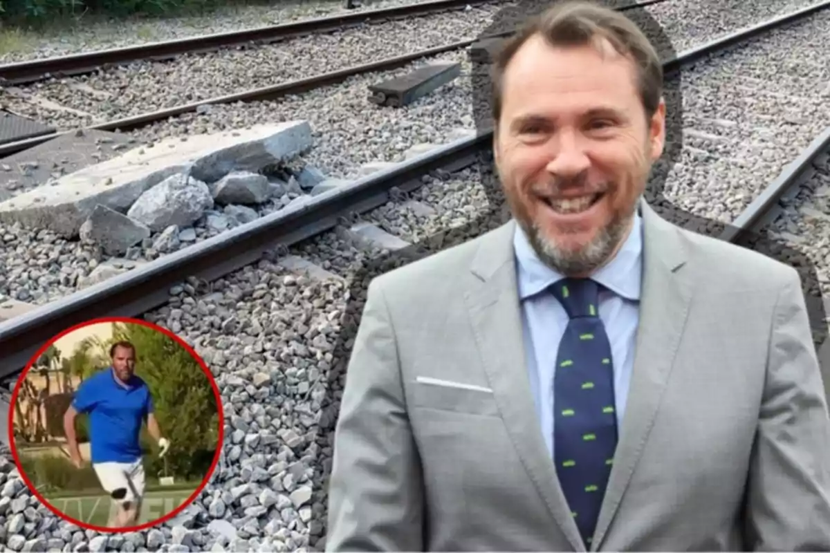 Un hombre sonriente con traje y corbata está superpuesto sobre una imagen de vías de tren con escombros, y en la esquina inferior izquierda hay un recuadro circular que muestra al mismo hombre corriendo con ropa deportiva.