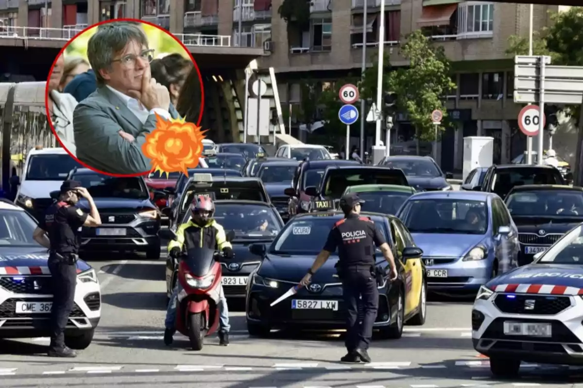 La imagen muestra una calle congestionada con muchos vehículos y dos policías dirigiendo el tráfico, con un recuadro en la parte superior izquierda que contiene la imagen de un hombre pensativo.