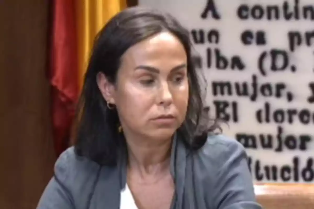 Mujer de cabello oscuro y liso con expresión seria sentada frente a un fondo con letras y banderas Mujer de cabello oscuro y liso con expresión seria sentada frente a un fondo con letras y banderas