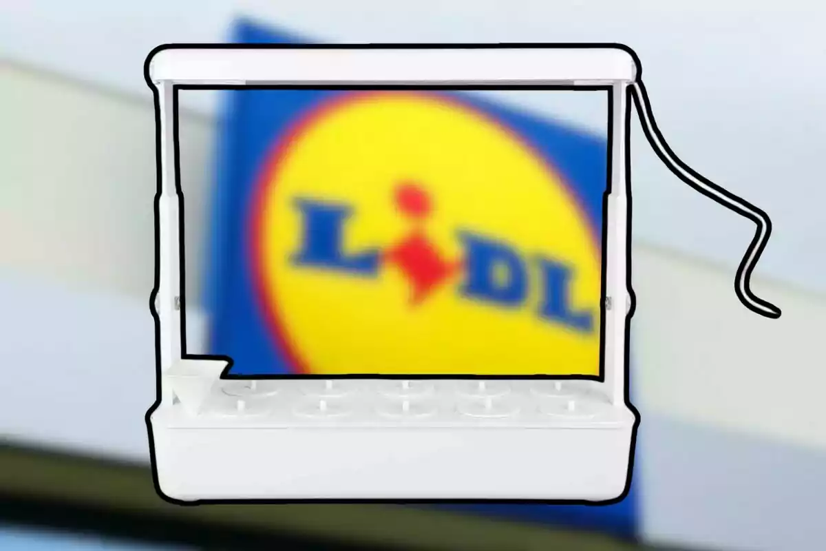 Un dispositivo de jardinería hidropónica con el logotipo de Lidl en el fondo. Un dispositivo de jardinería hidropónica con el logotipo de Lidl en el fondo.