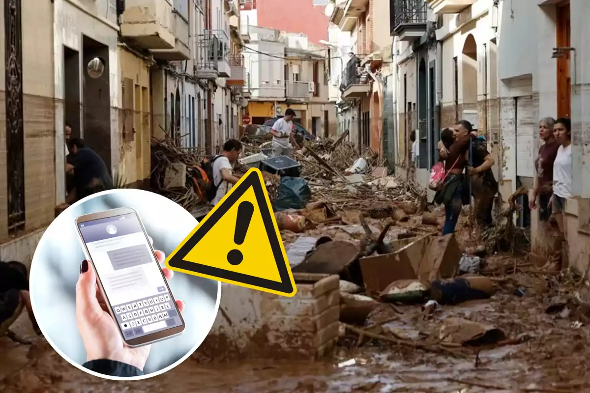 Una calle inundada con escombros y personas limpiando mientras un gráfico de advertencia y un teléfono con un mensaje aparecen en primer plano.