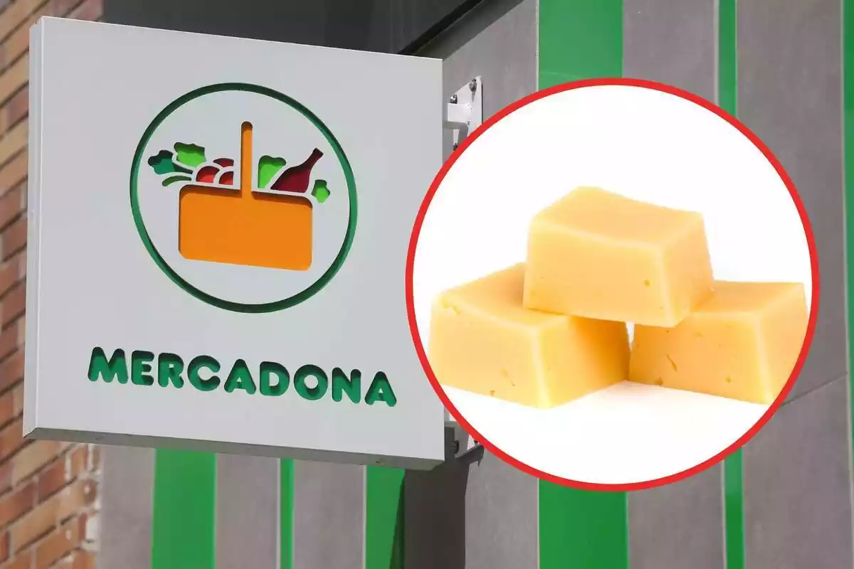 Montaje con un logo de Mercadona y un aperitivo de queso