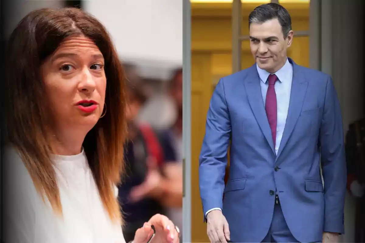 Una mujer de cabello castaño y labios rojos a la izquierda y un hombre con traje azul y corbata roja a la derecha