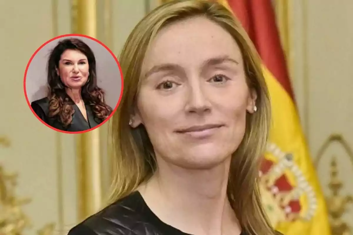 Una mujer rubia con una bandera de fondo y un recuadro con otra mujer de cabello oscuro.