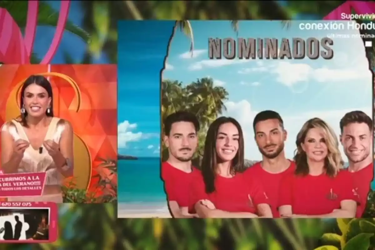 Sofía Suescun, sonriente a la izquierda, y una foto con los cinco nominados de la semana de 'Supervivientes' Sofía Suescun, sonriente a la izquierda, y una foto con los cinco nominados de la semana de 'Supervivientes'