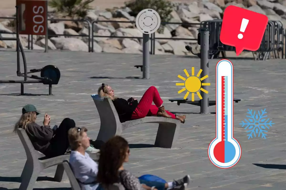 Imagen de fondo de unas personas tumbadas bajo el sol en un paseo junto a unos emoticonos de un termómetro que marca frío y calor y una exclamación