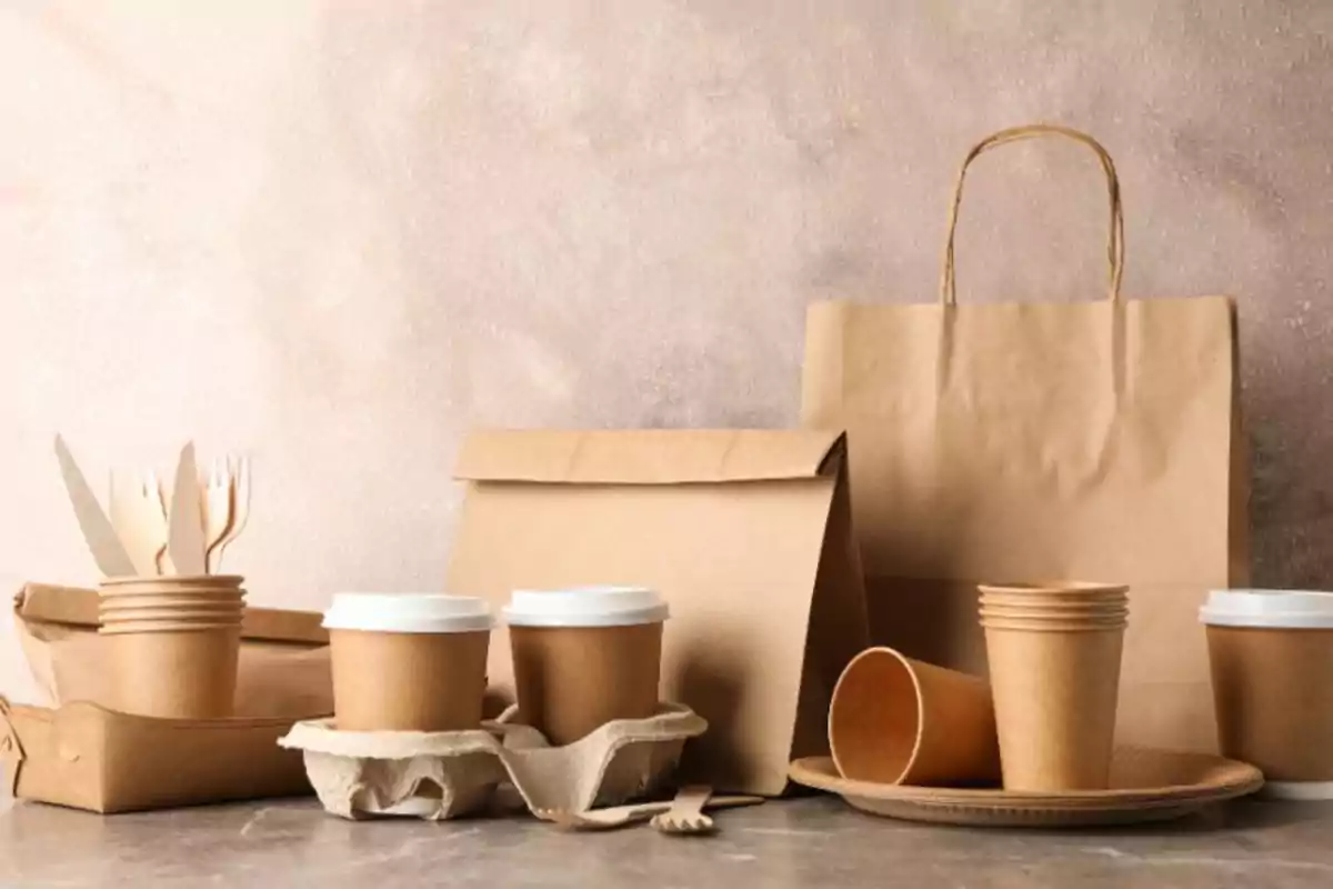 Vasos platos cubiertos bolsas y cajas de cartón ecológico sobre una mesa