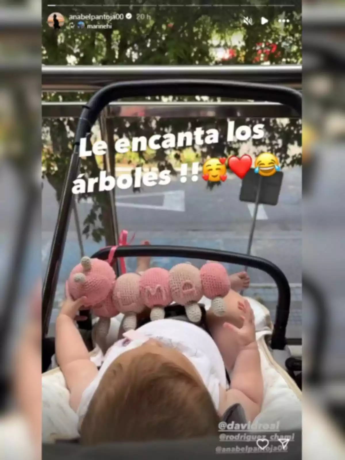 Bebé acostado en un cochecito mirando hacia unos árboles mientras sostiene un peluche de oruga rosa con el nombre Alma Bebé acostado en un cochecito mirando hacia unos árboles mientras sostiene un peluche de oruga rosa con el nombre Alma