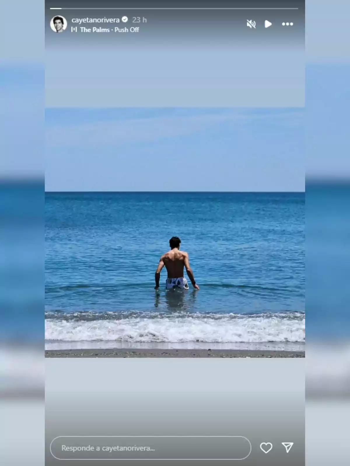 Cayetano Rivera de espaldas entrando al mar en una playa con cielo despejado Cayetano Rivera de espaldas entrando al mar en una playa con cielo despejado