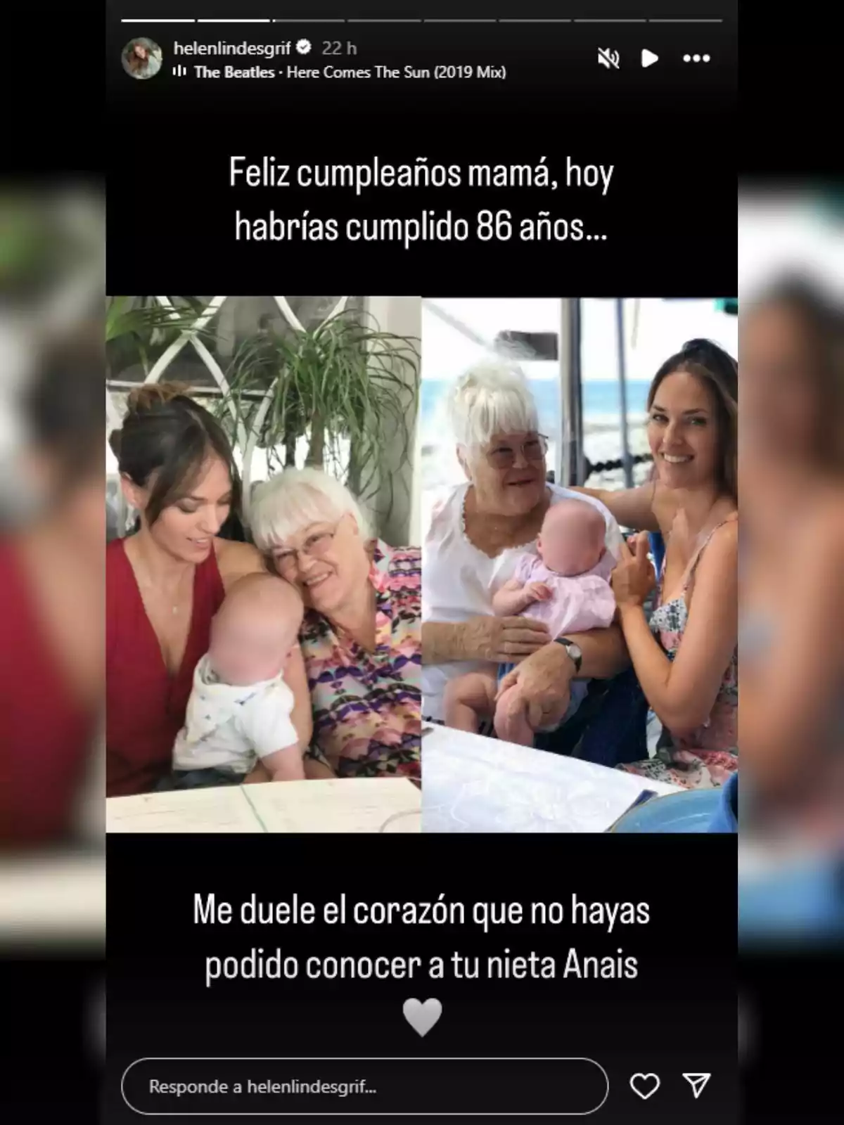 Helen Lindes sostiene a un bebé junto a una mujer mayor, ambas sonríen mientras están sentadas en una mesa; el texto expresa un mensaje emotivo de cumpleaños y nostalgia. Helen Lindes sostiene a un bebé junto a una mujer mayor, ambas sonríen mientras están sentadas en una mesa; el texto expresa un mensaje emotivo de cumpleaños y nostalgia.