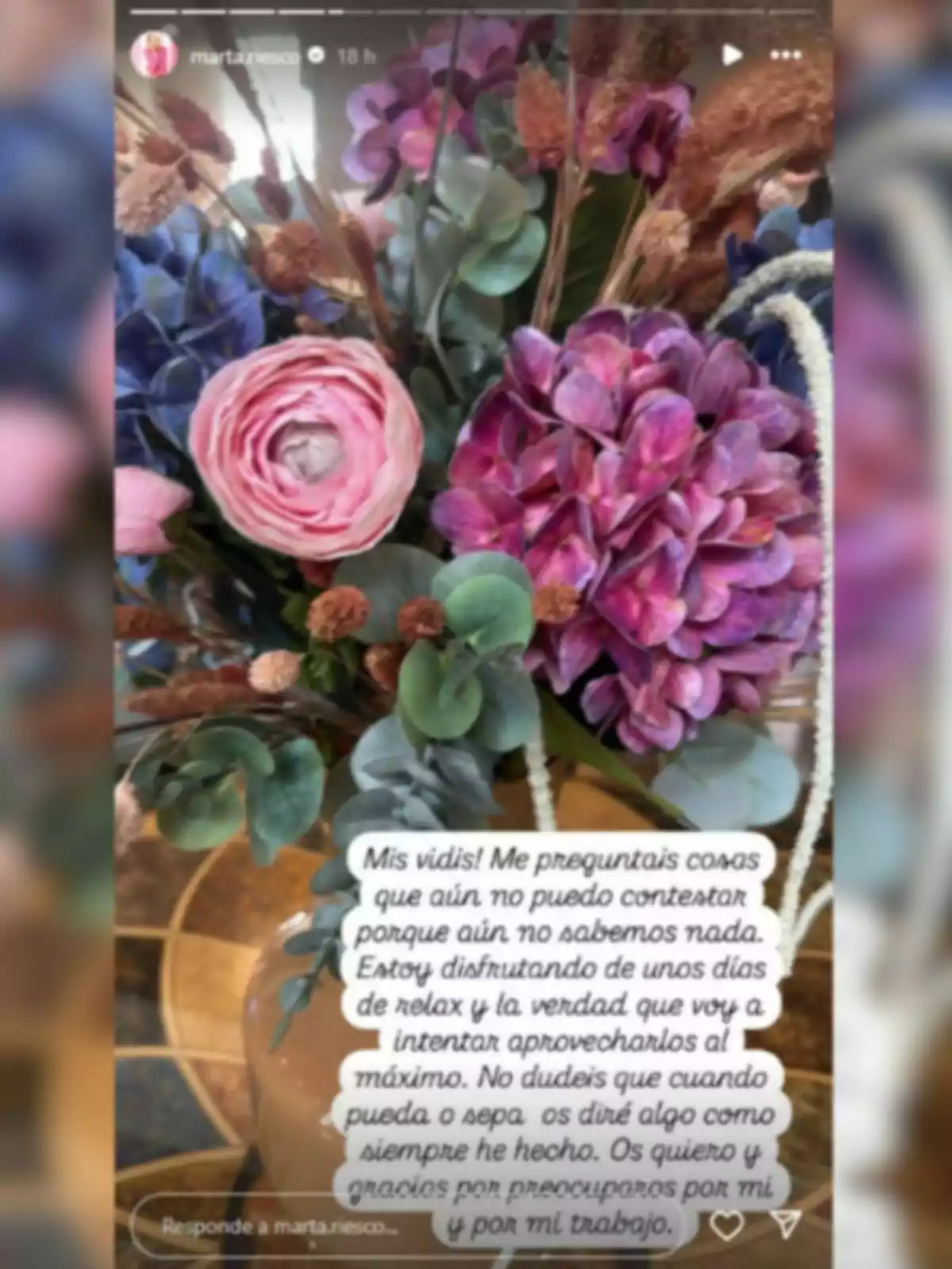 Ramo de flores de colores vivos con un mensaje escrito en español sobre disfrutar unos días de relax y agradecer la preocupación de los seguidores. Ramo de flores de colores vivos con un mensaje escrito en español sobre disfrutar unos días de relax y agradecer la preocupación de los seguidores.