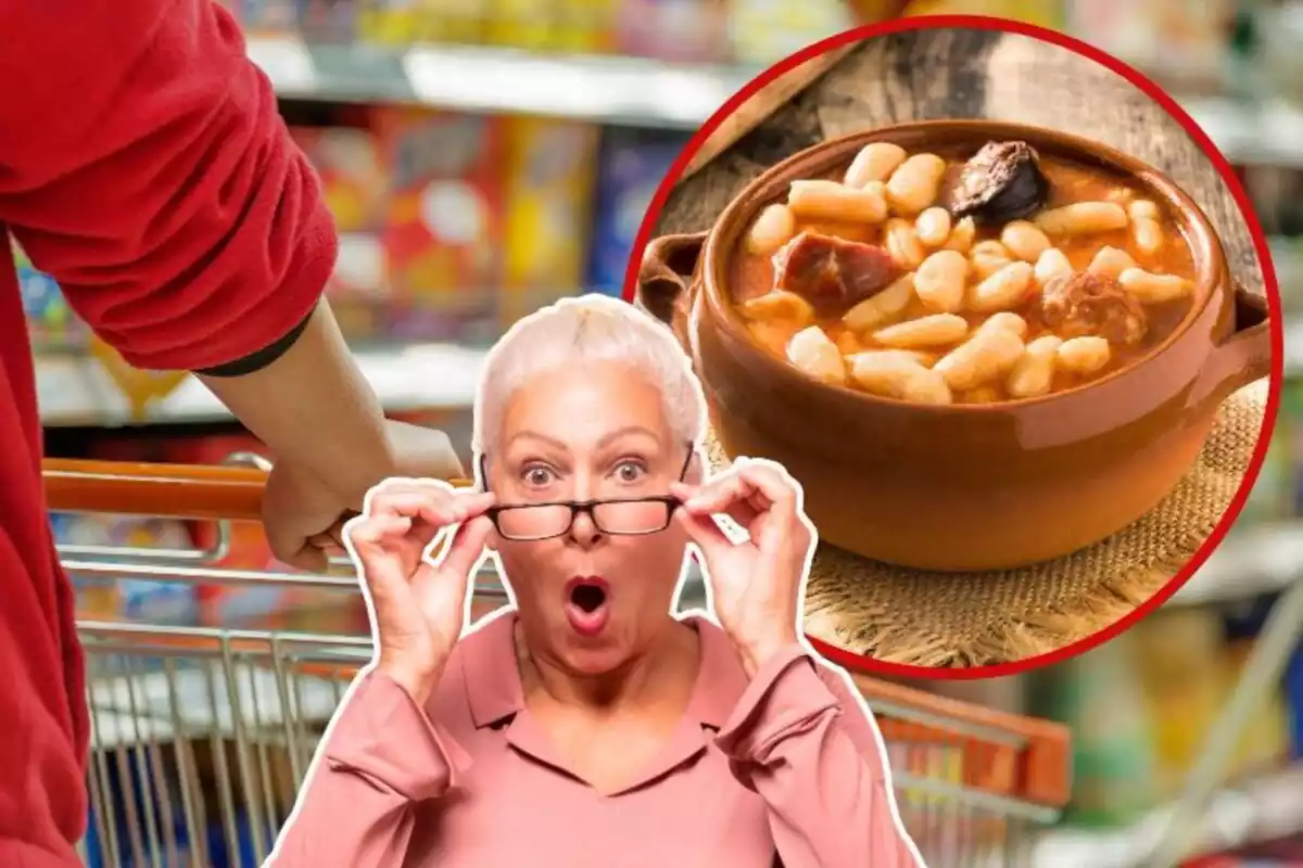 Imagen de fondo de un supermercado con una persona llevando un carrito, otra imagen en primer plano de una mujer sorprendida y una última imagen de una fabada en un cuenco de barro