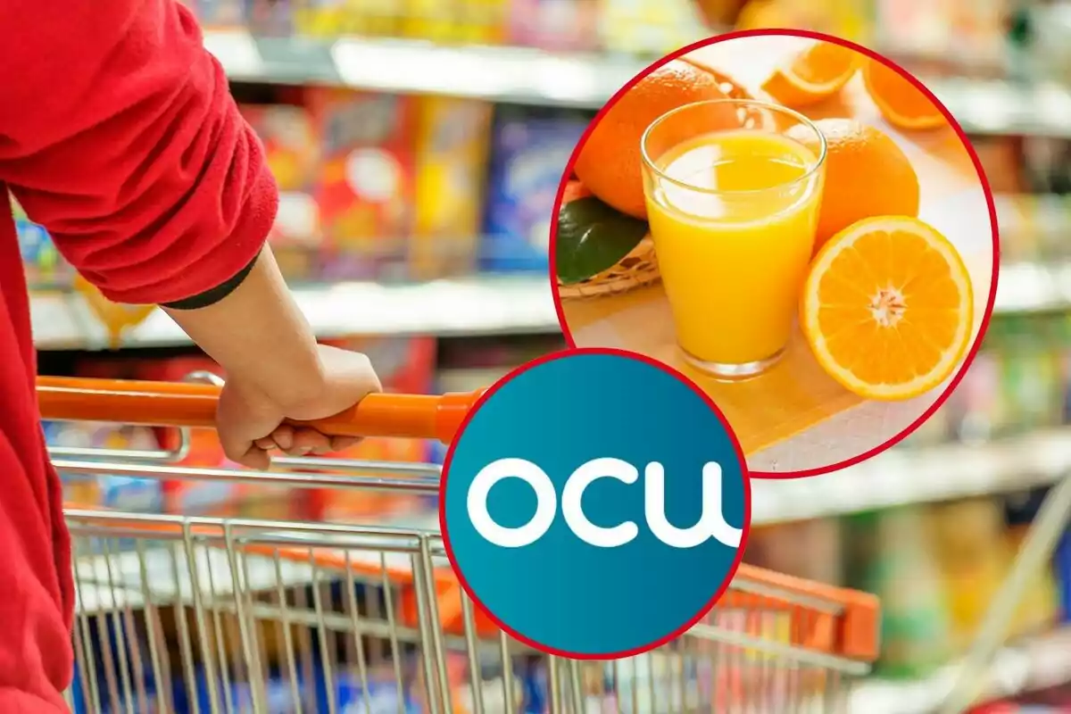 Persona empujando un carrito de compras en un supermercado con un círculo que muestra un vaso de jugo de naranja y una naranja partida por la mitad junto al logo de OCU.