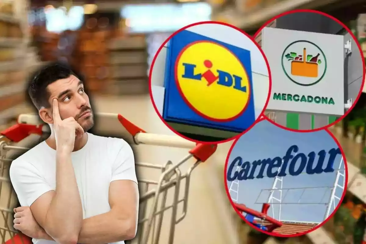 Un hombre pensativo con un carrito de compras en un supermercado, con los logotipos de Lidl, Mercadona y Carrefour en círculos rojos.