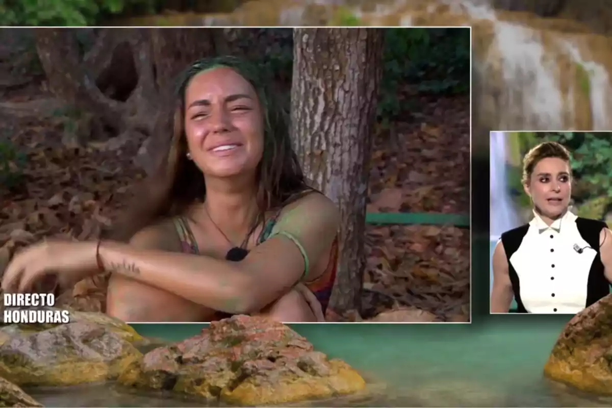 Anita sentada en el suelo del bosque con expresión de llanto y Sandra Barneda en un recuadro pequeño observando la escena. Captura de 'Supervivientes' Anita sentada en el suelo del bosque con expresión de llanto y Sandra Barneda en un recuadro pequeño observando la escena. Captura de 'Supervivientes'