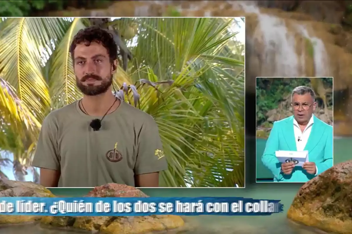 Joshua Velázquez con camiseta verde está de pie frente a palmeras, mientras Jorge Javier Vázquez con traje turquesa sostiene papeles en un estudio; en la parte inferior hay un texto sobre un collar de líder. Captura de 'Supervivientes' Joshua Velázquez con camiseta verde está de pie frente a palmeras, mientras Jorge Javier Vázquez con traje turquesa sostiene papeles en un estudio; en la parte inferior hay un texto sobre un collar de líder. Captura de 'Supervivientes'