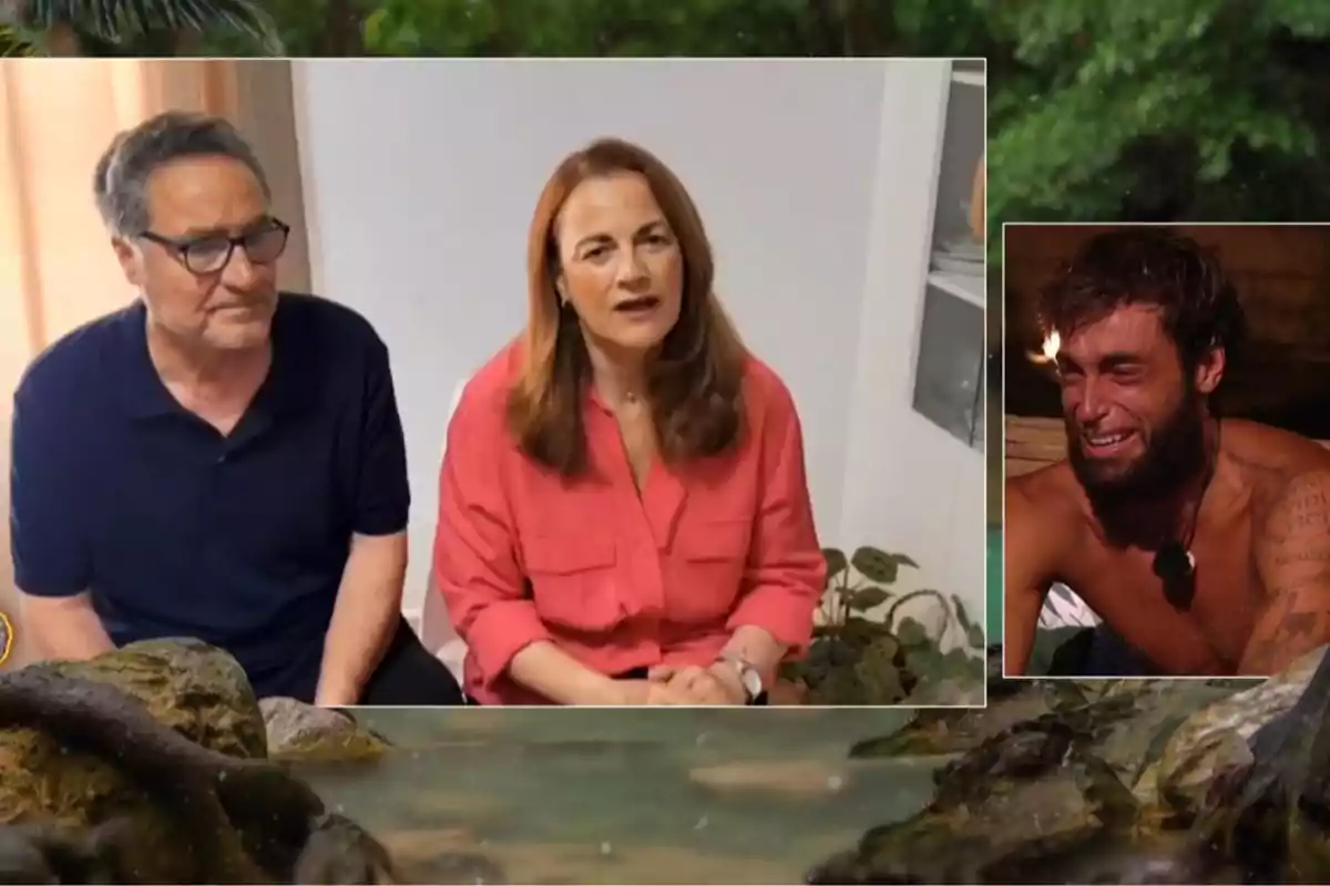 Una pareja mayor aparece sentada en una habitación mientras una mujer habla a la cámara y en una ventana pequeña a la derecha se muestra a Montoya llorando emocionado. Captura de 'Supervivientes' Una pareja mayor aparece sentada en una habitación mientras una mujer habla a la cámara y en una ventana pequeña a la derecha se muestra a Montoya llorando emocionado. Captura de 'Supervivientes'