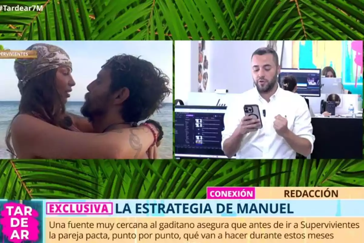 Una imagen dividida muestra a Gabriella y Manuel González abrazándose en la playa a la izquierda y a un hombre con camisa blanca leyendo algo en su teléfono en una oficina a la derecha. En la parte inferior, un texto destaca una exclusiva sobre la estrategia de Manuel en un programa de televisión. Captura de 'TardeAR' Una imagen dividida muestra a Gabriella y Manuel González abrazándose en la playa a la izquierda y a un hombre con camisa blanca leyendo algo en su teléfono en una oficina a la derecha. En la parte inferior, un texto destaca una exclusiva sobre la estrategia de Manuel en un programa de televisión. Captura de 'TardeAR'