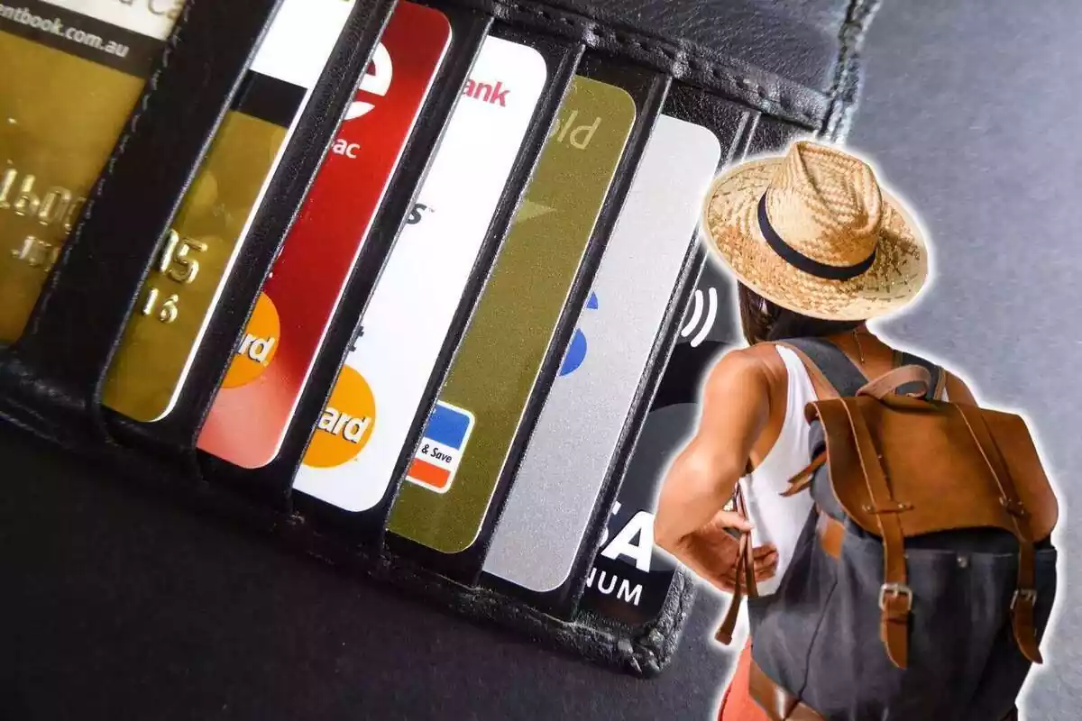 Chica con mochila y tarjetas de crédito