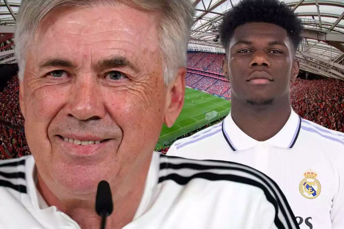 Carlo Ancelotti al lado de Aurélien Tchouaméni con San Mamés al fondo