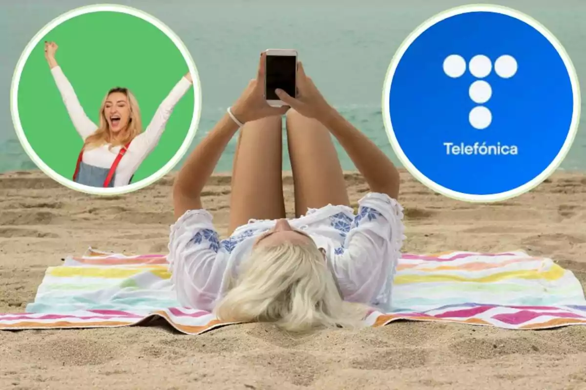 Persona acostada en la playa usando un teléfono móvil, con dos círculos superpuestos que muestran a una mujer feliz y el logo de Telefónica.