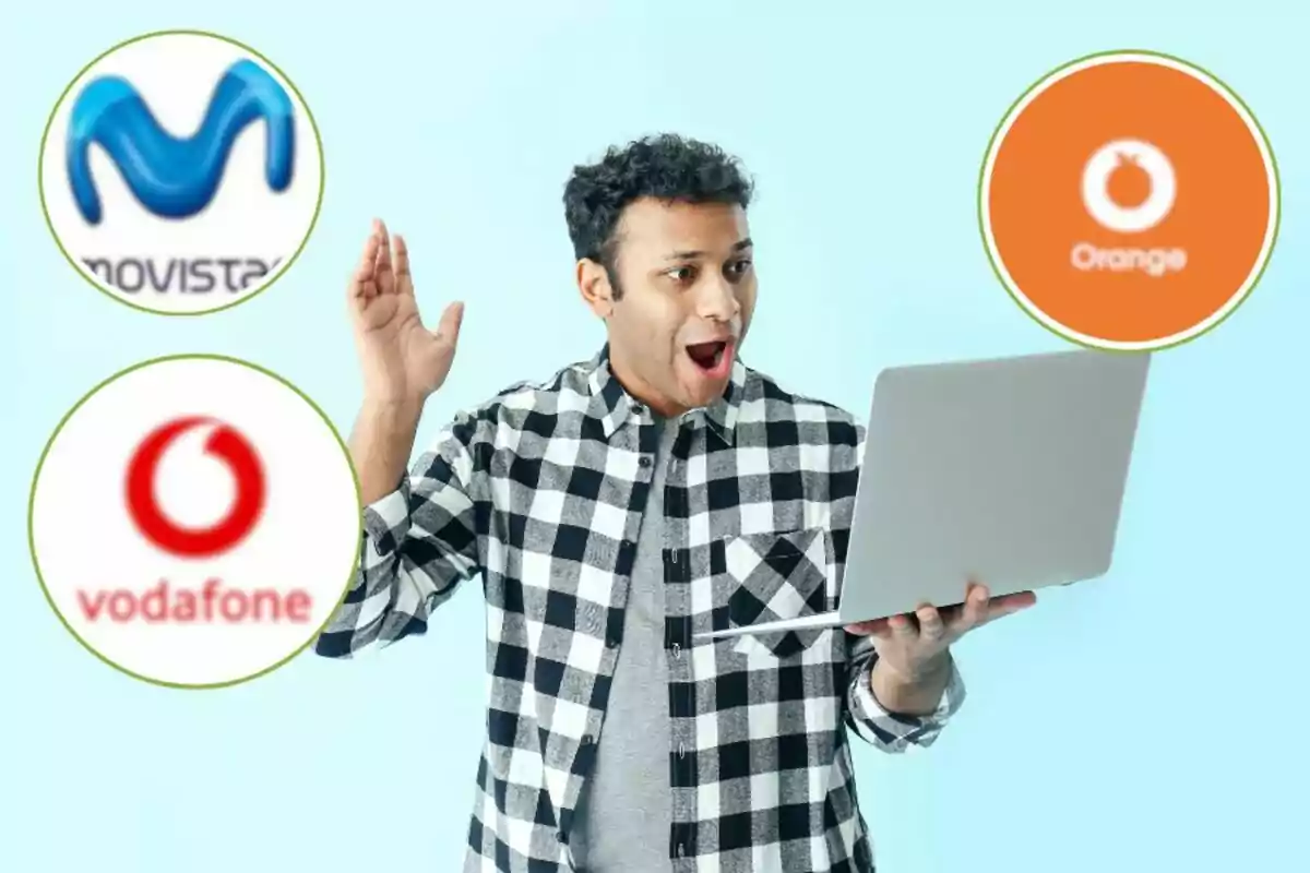 Un hombre sorprendido sostiene una computadora portátil, con los logotipos de Movistar, Vodafone y Orange alrededor de él.