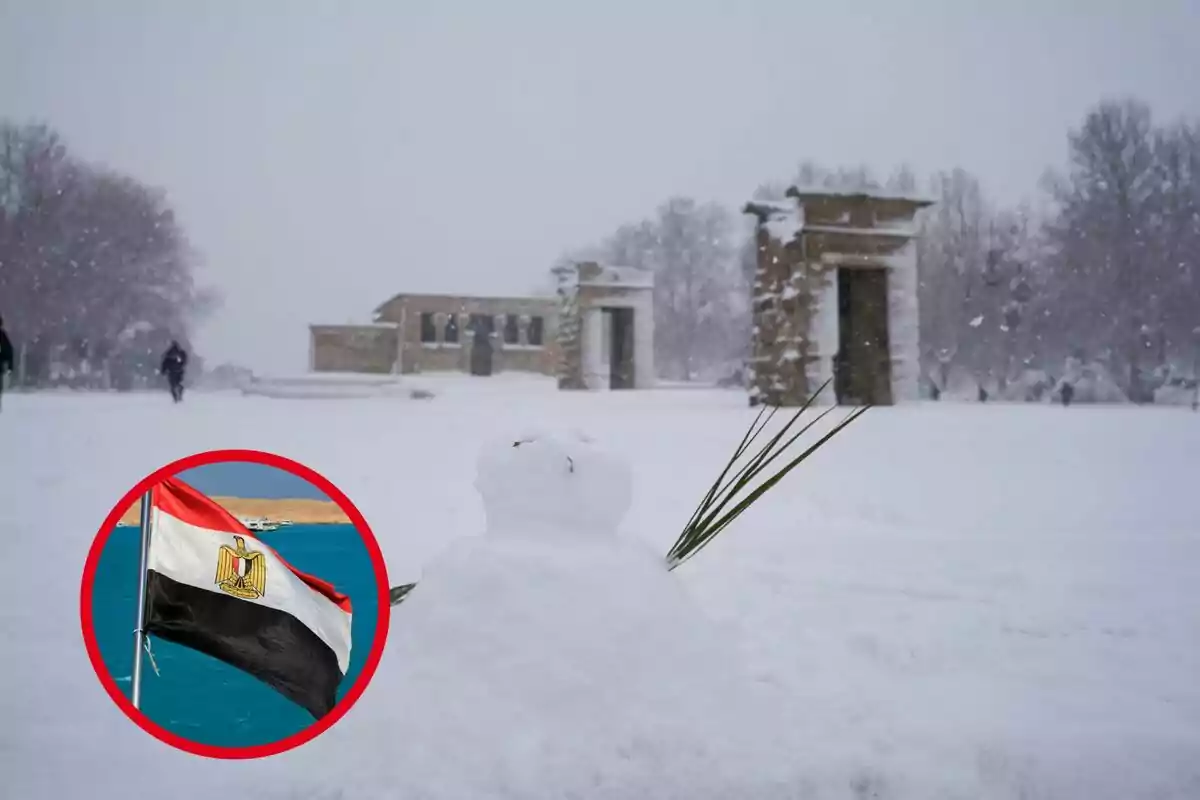 Un templo egipcio cubierto de nieve con una bandera de Egipto en un círculo rojo en la esquina inferior izquierda.