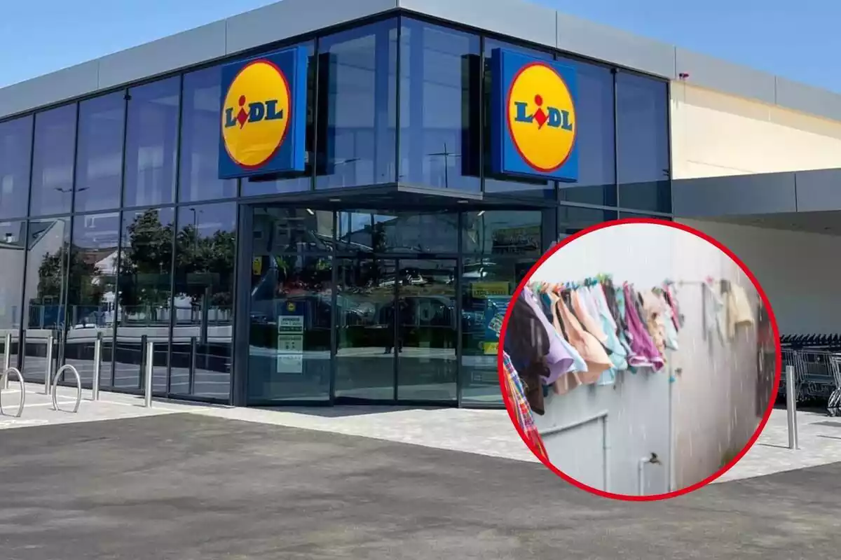 Ropa tendida bajo la lluvia en un círculo rojo sobre fondo de exterior de Lidl