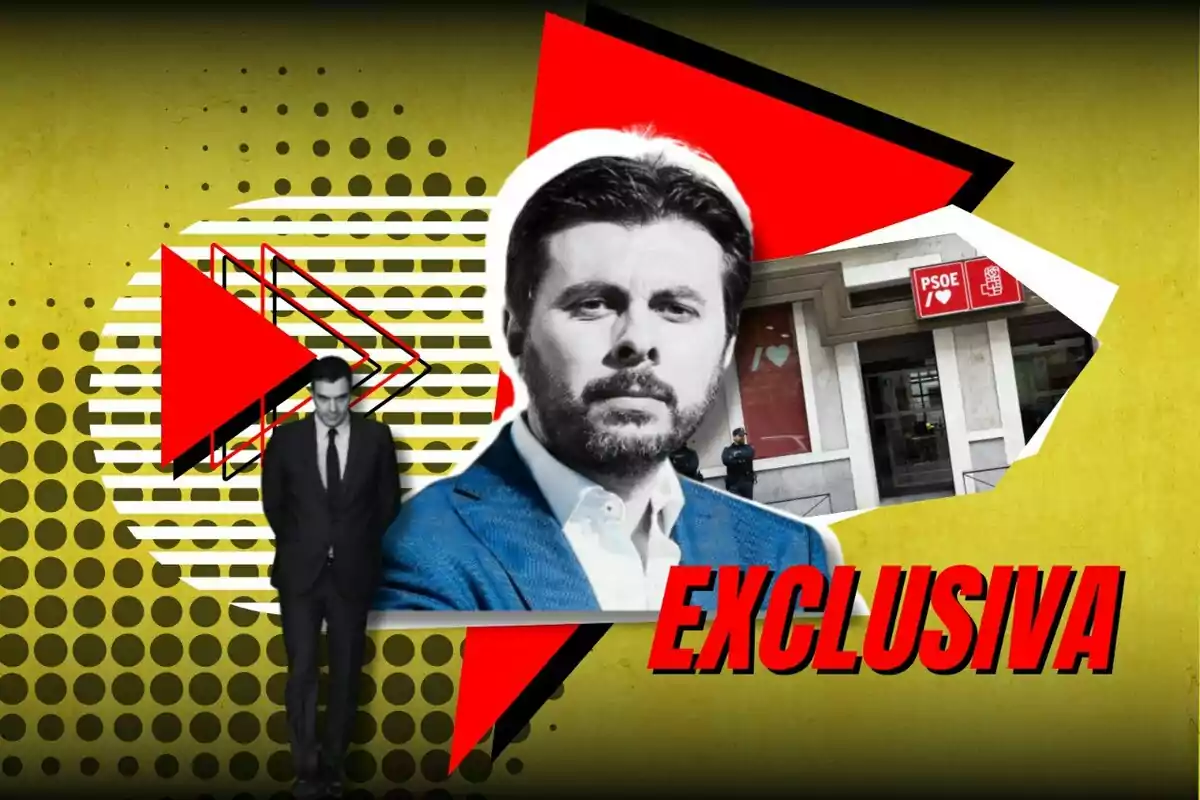 Collage con un hombre en traje, un retrato en blanco y negro, un edificio con el logo del PSOE y la palabra "EXCLUSIVA" en letras rojas sobre un fondo amarillo con patrones geométricos.