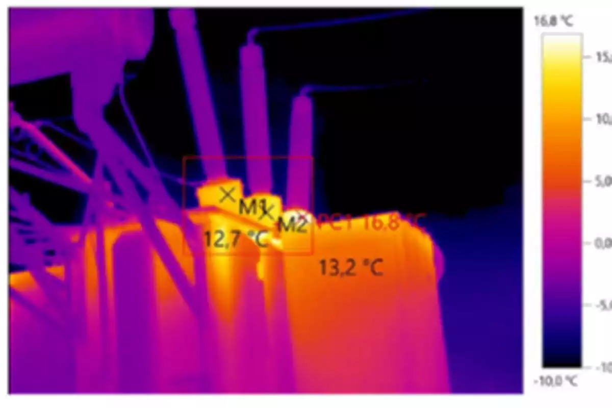 Imagen térmica de un equipo eléctrico con temperaturas marcadas en diferentes puntos, mostrando un rango de colores que va del púrpura al amarillo para indicar variaciones de temperatura.