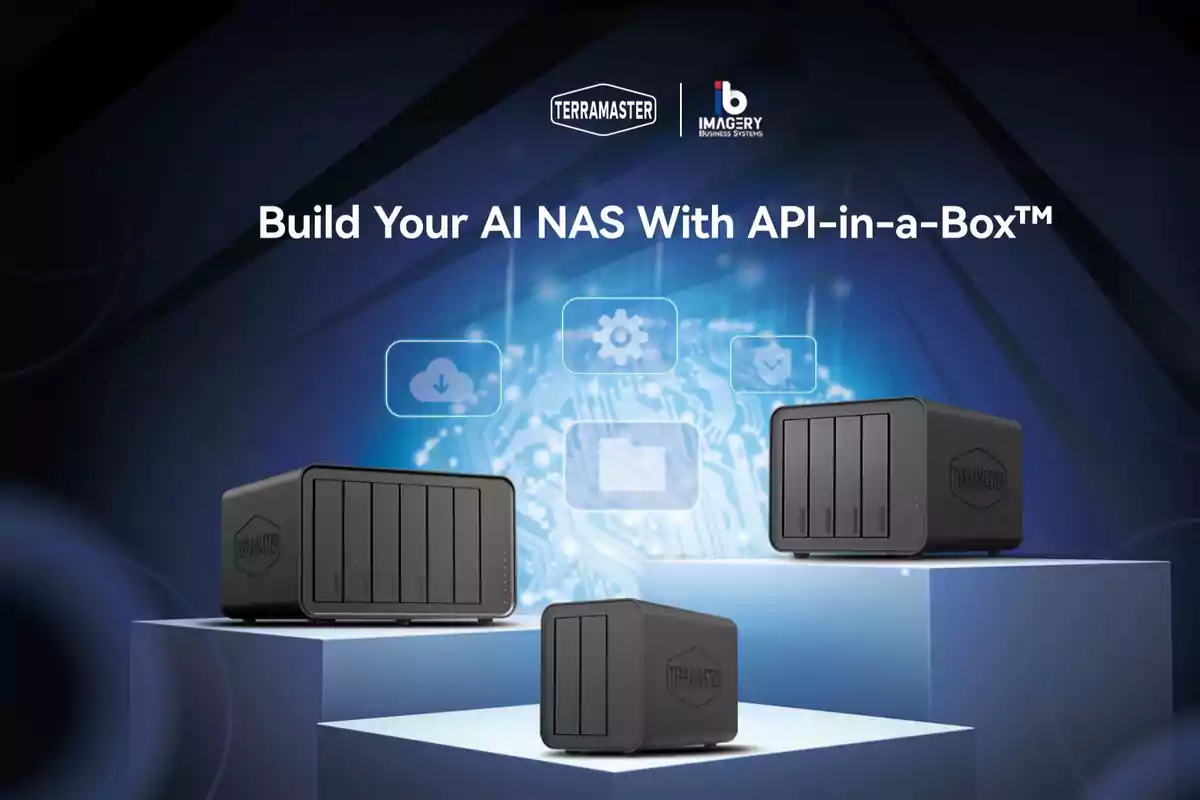 Tres dispositivos NAS de TerraMaster sobre pedestales con un fondo tecnológico y el texto "Build Your AI NAS With API-in-a-Box".