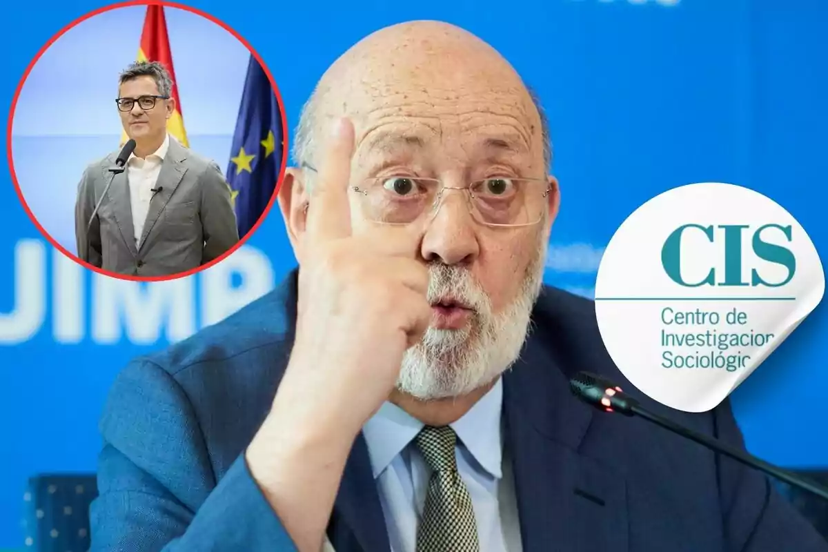 Un hombre mayor con barba y gafas habla en una conferencia, señalando con su dedo índice, mientras que en un círculo rojo se muestra a otro hombre con gafas y traje frente a las banderas de España y la Unión Europea; el logo del CIS (Centro de Investigaciones Sociológicas) aparece en la esquina inferior derecha.