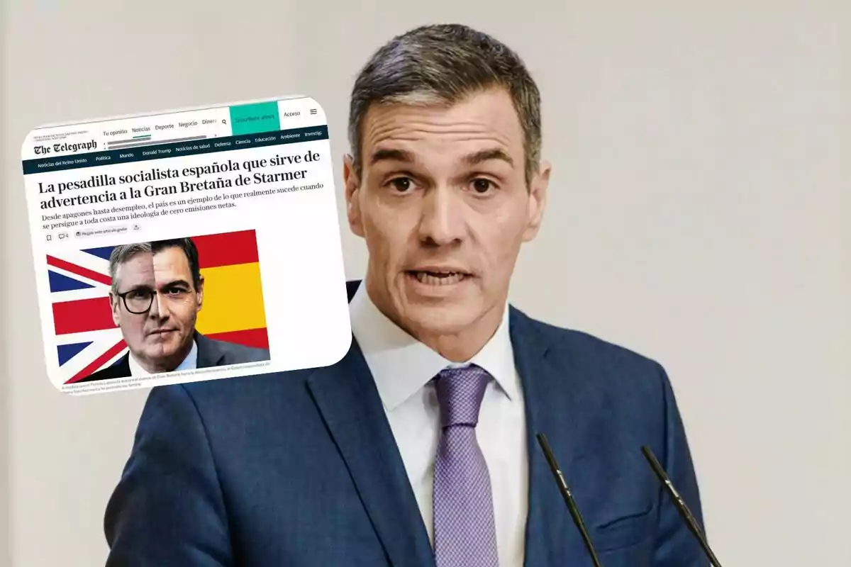 Un hombre con traje y corbata hablando frente a micrófonos y al lado una captura de pantalla de un artículo de periódico con una imagen dividida entre las banderas de Reino Unido y España