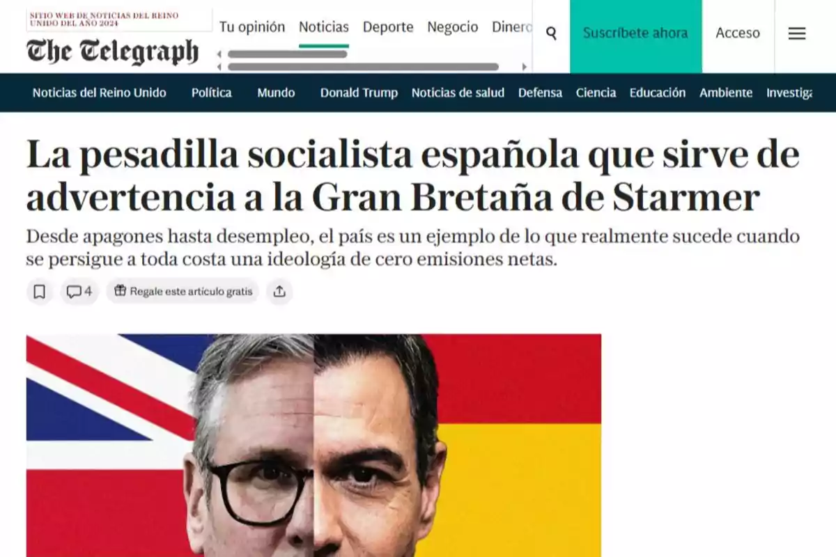 Portada de The Telegraph con un titular crítico sobre la situación política en España y una imagen compuesta de dos rostros masculinos frente a las banderas del Reino Unido y España Portada de The Telegraph con un titular crítico sobre la situación política en España y una imagen compuesta de dos rostros masculinos frente a las banderas del Reino Unido y España