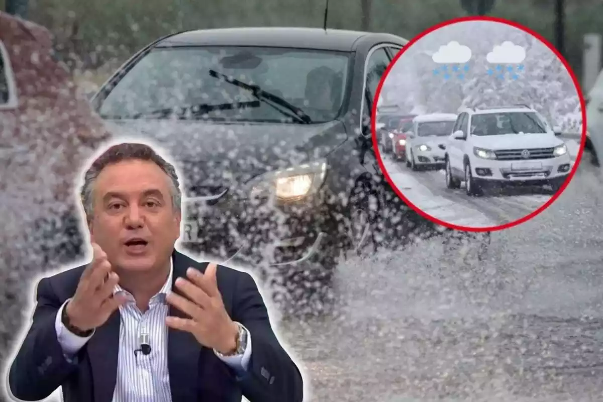 Un coche circula por una carretera mojada bajo la lluvia, con Roberto Brasero a la izquierda, y en el circulo, coches sobre la nieve