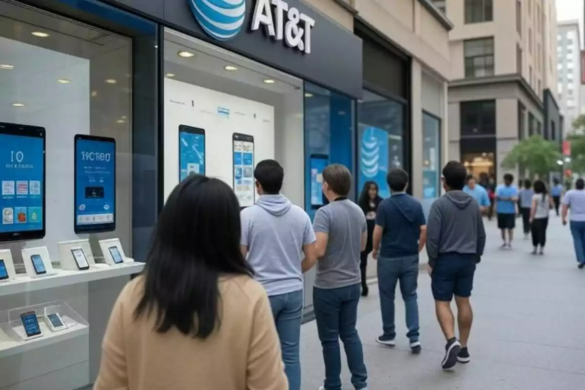 People lining up in front of a tech store on a busy street. People lining up in front of a tech store on a busy street.