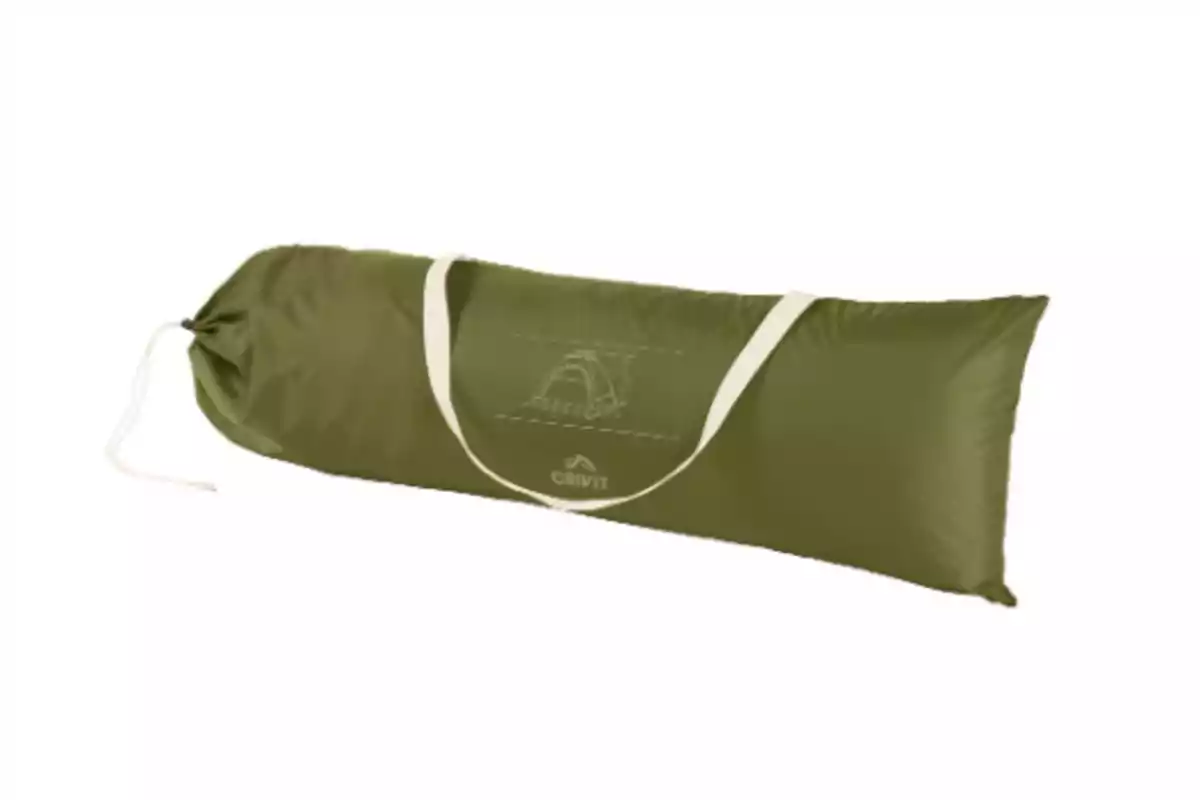 Bolsa de transporte verde con asas blancas para tienda de campaña. Bolsa de transporte verde con asas blancas para tienda de campaña.