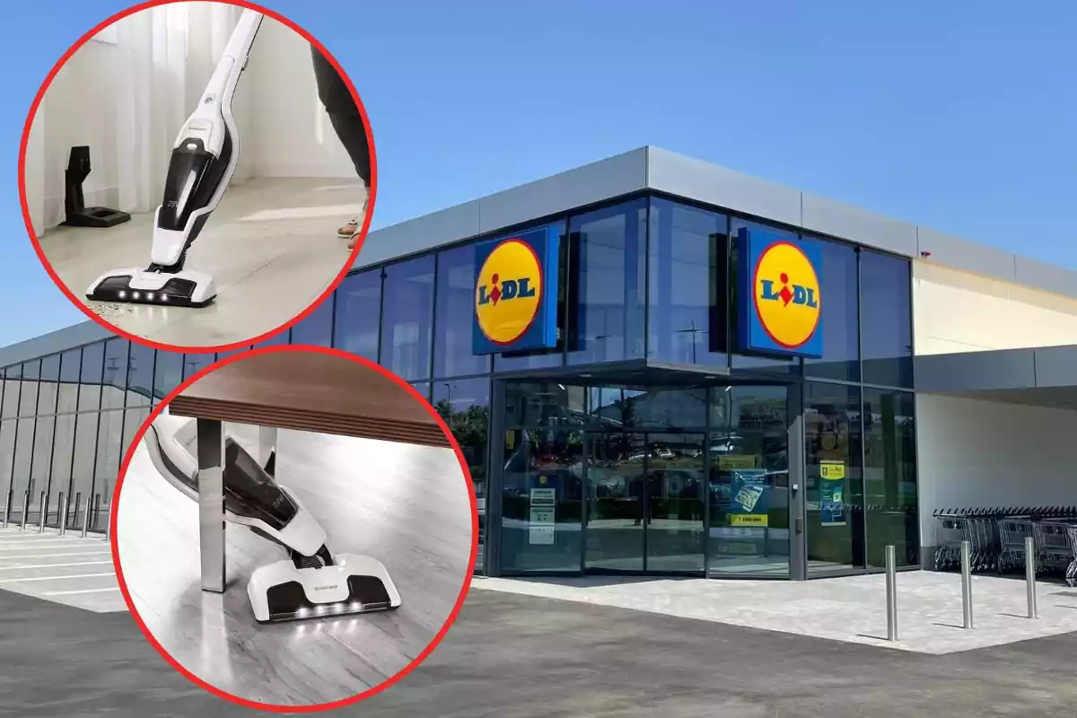 Montaje con fachada de supermercado Lidl y dos círculos que muestran el funcionamiento de la aspiradora de Lidl