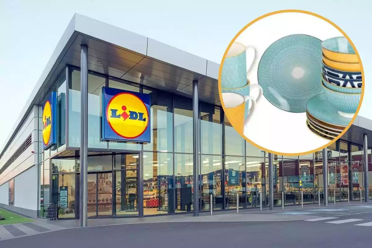 Montaje con el exterior de una tienda de Lidl y un círculo con el set de vajilla de porcelana que vende