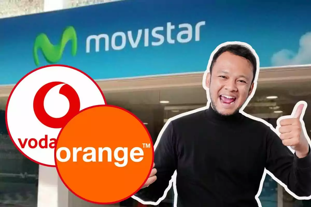 A smiling man with his thumb up in front of a Movistar sign, with the Vodafone and Orange logos superimposed.