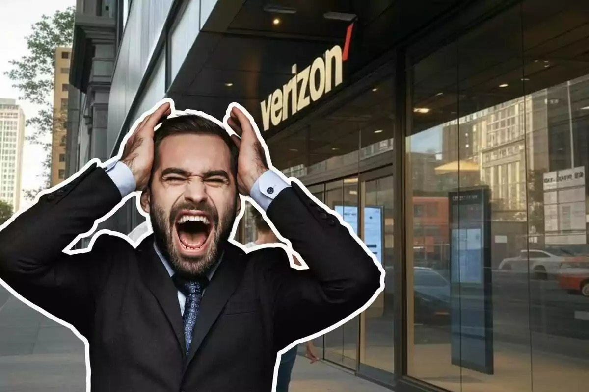 A man in a suit looks frustrated in front of a Verizon store.