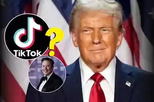 A man in a suit and red tie in front of a U.S. flag, with a TikTok logo and a question mark, plus a circle with the image of another smiling man.