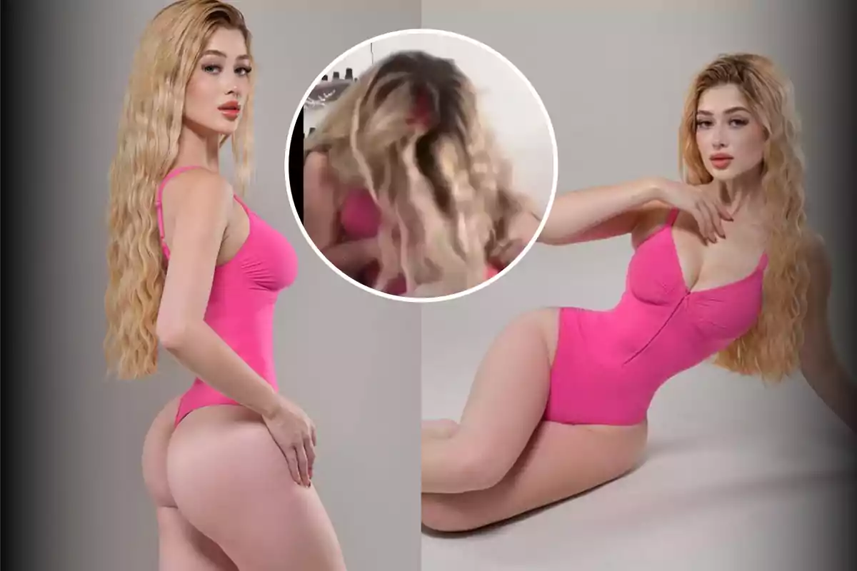 Una persona con cabello largo y rubio lleva un traje de baño rosa, posando de pie y recostada sobre un fondo gris, con un recuadro circular mostrando un acercamiento de su cabello.