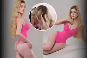 Una persona con cabello largo y rubio lleva un traje de baño rosa, posando de pie y recostada sobre un fondo gris, con un recuadro circular mostrando un acercamiento de su cabello.