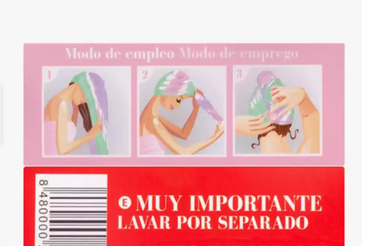 Instrucciones ilustradas para envolver el cabello con una toalla, acompañadas de una advertencia de lavado por separado. Instrucciones ilustradas para envolver el cabello con una toalla, acompañadas de una advertencia de lavado por separado.
