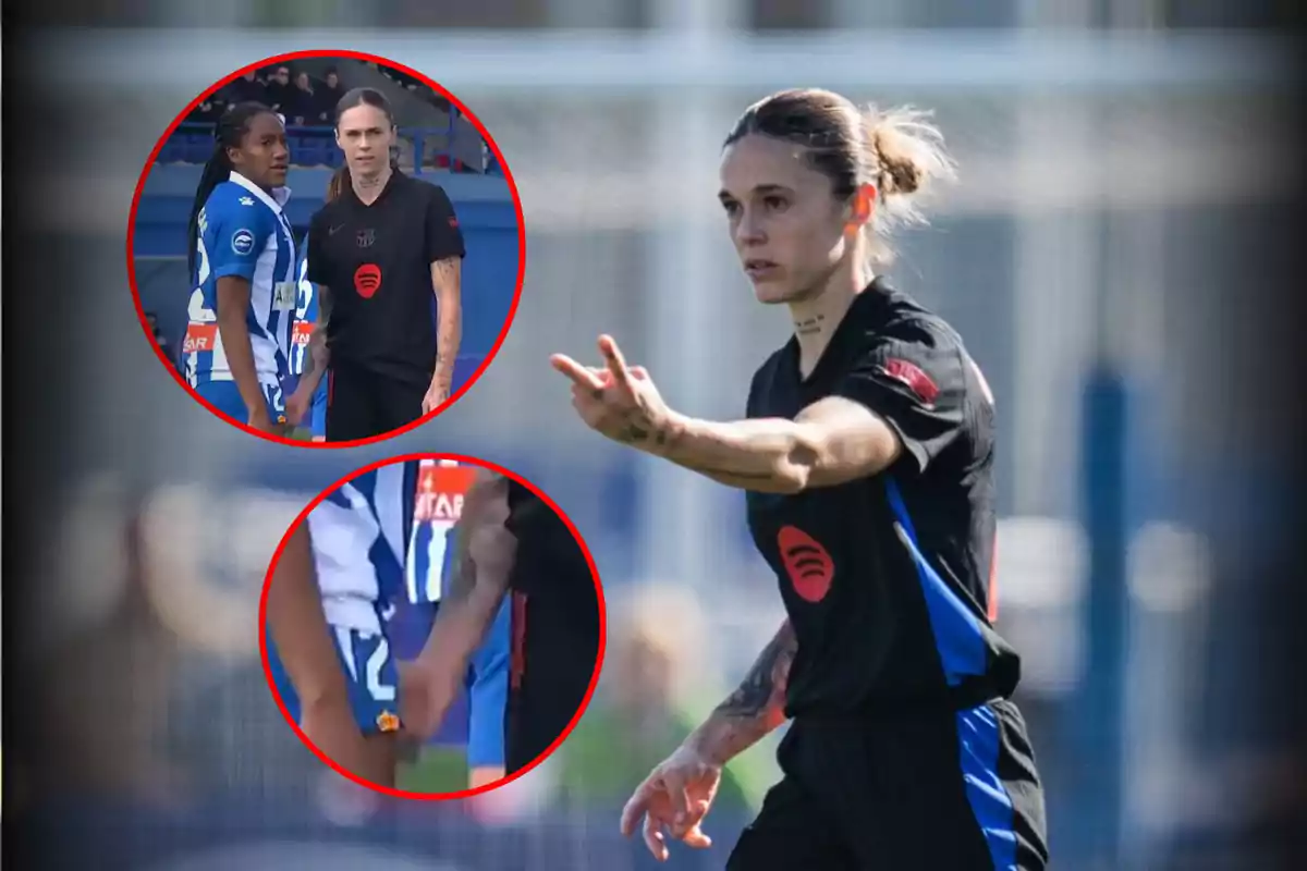 Una jugadora de fútbol con uniforme negro gesticula con la mano en el campo, mientras en dos recuadros se muestra un encuentro cercano con otra jugadora que viste uniforme azul y blanco.