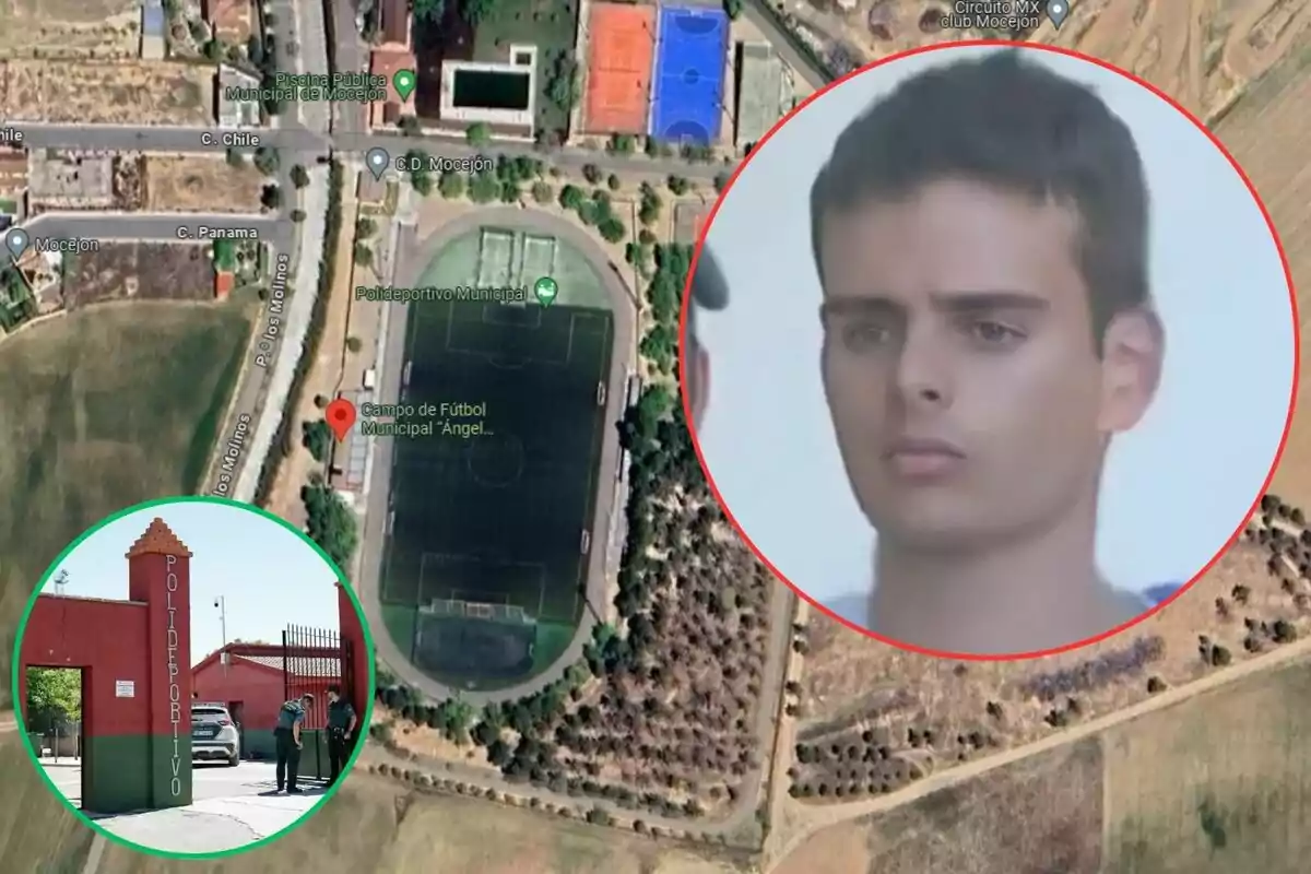 Imagen aérea de un campo de fútbol con dos recuadros, uno mostrando la entrada al polideportivo y otro el rostro de un joven.