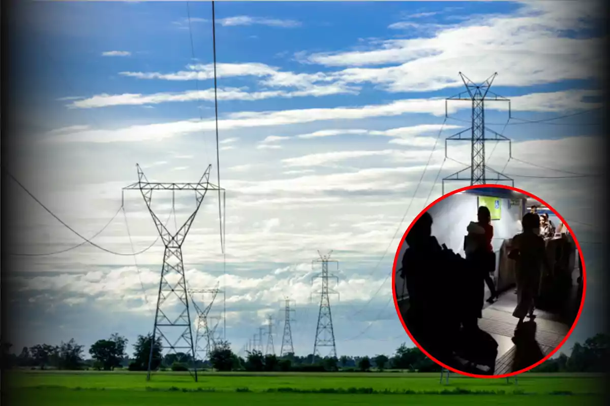 Torres de alta tensión en un campo verde bajo un cielo parcialmente nublado con un círculo rojo que muestra una escena interior con personas en movimiento.